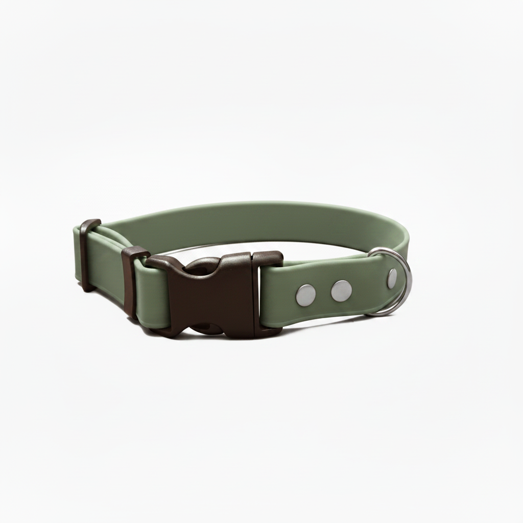 Sage green waterproof dog collar with quick release black buckle.